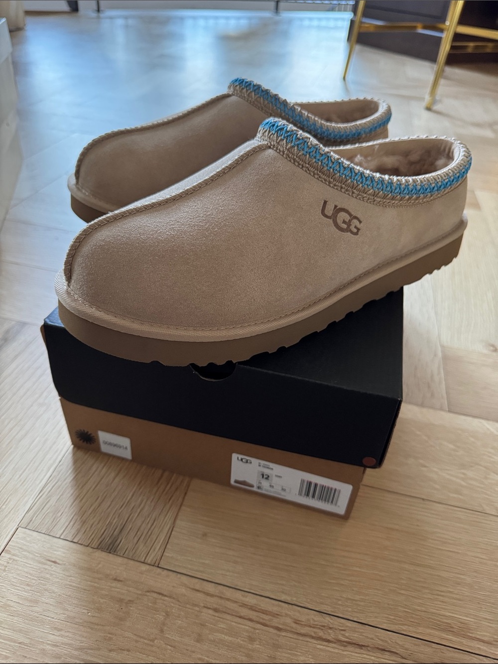 UGG Kids Slip-On Suede Mules in Light Tan with Blue Trim